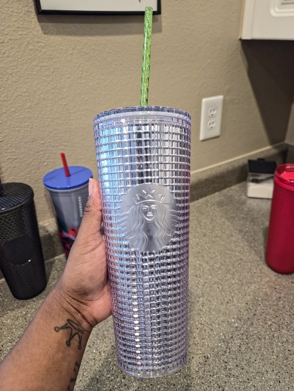 Starbucks Iridescent Silver Studded Tumbler with Green Straw
